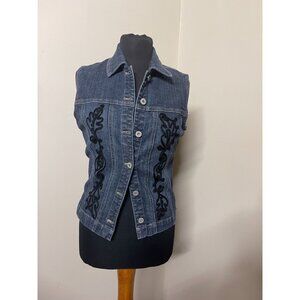 Chicos Platinum Blue Jean Denim Vest with Black Embroidery Size 0 (S)